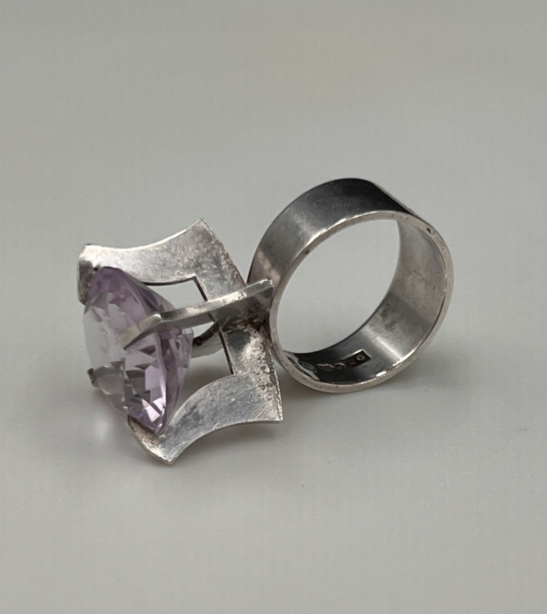 Vtg Svedboms Swedish Sterling Amethyst Ring, Modernist Sculptural, 8g, Sz 5.5