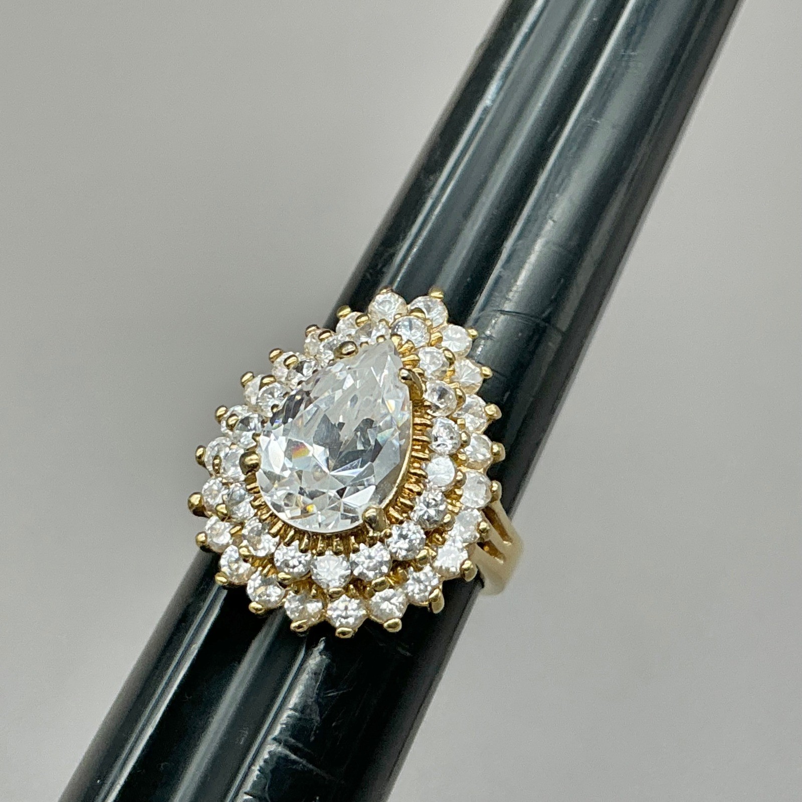 Vintage Lind Ring Womens Gold Plated Pear Cut CZ Triple Halo 14K HGE Size 7.5