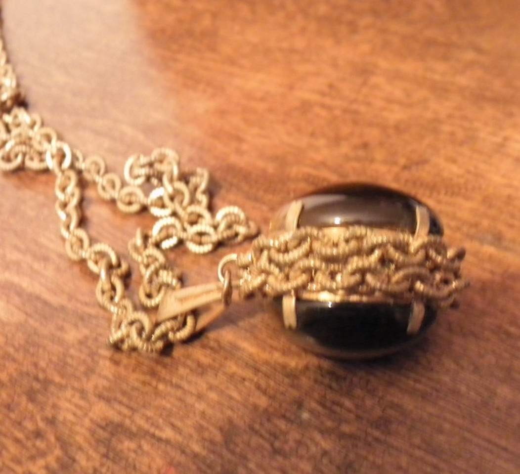 Vintage Miriam Haskell Necklace Gold Tone Chain with Tiger Eye Pendent 24″ Long