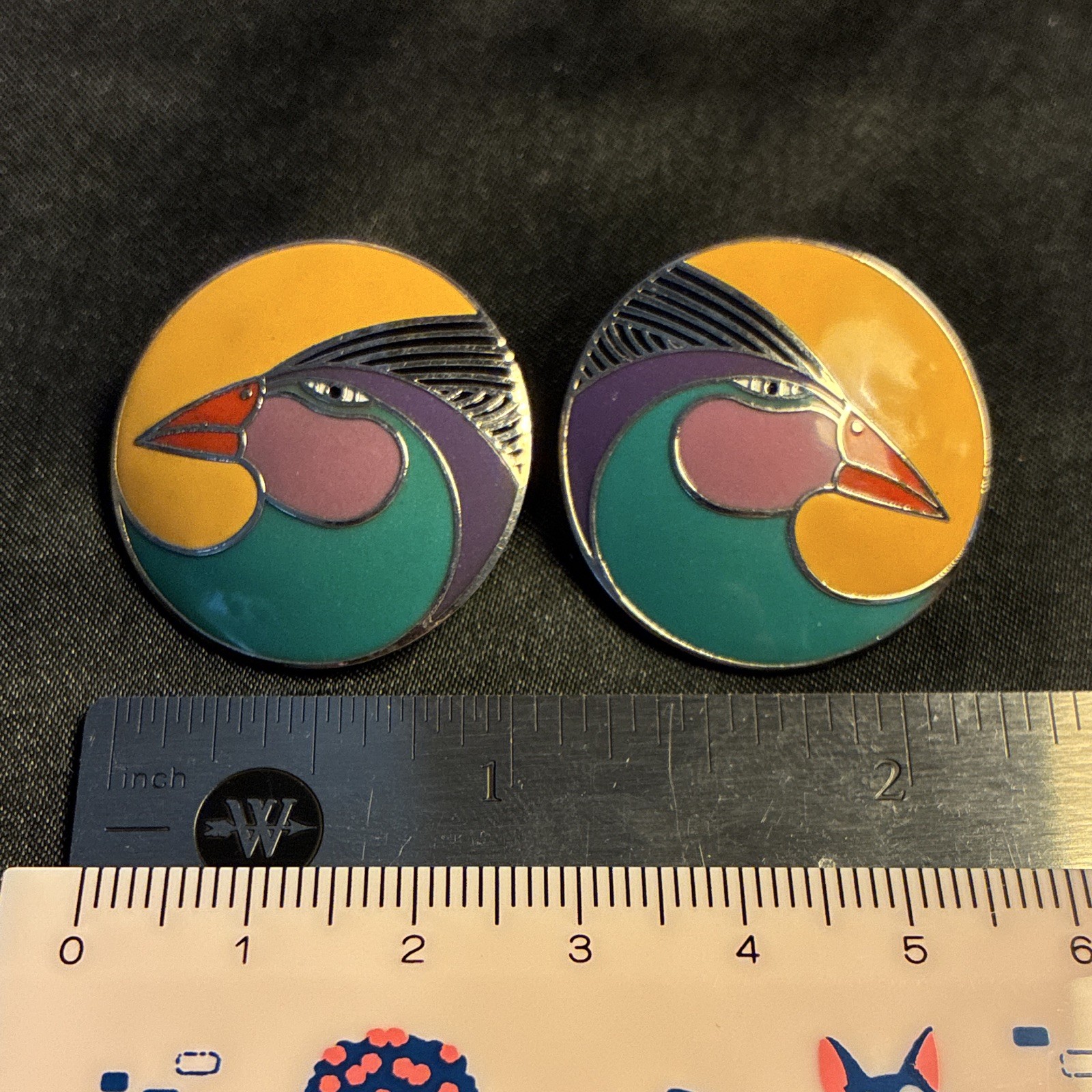 Laurel Burch Harlequin Bird Round Multicolor Enamel Yellow Stud Earrings