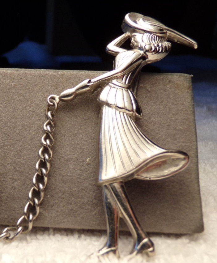 VTG CORO PEGASUS SILVER CHATELAINE DOUBLE PIN MODERN WOMAN WOLFHOUND DOG CHAIN