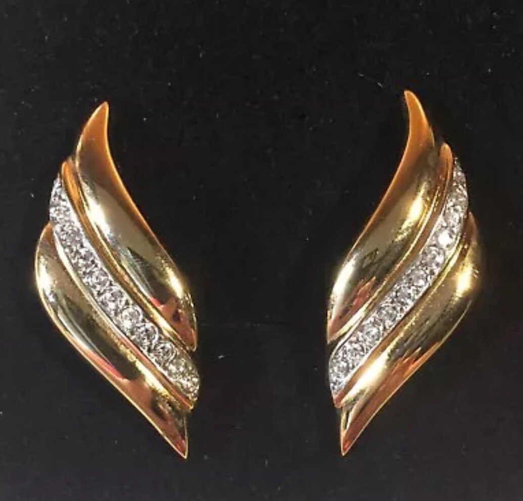Vintage 1980s Pave Rhinestone Gold Plated Clip On Earrings