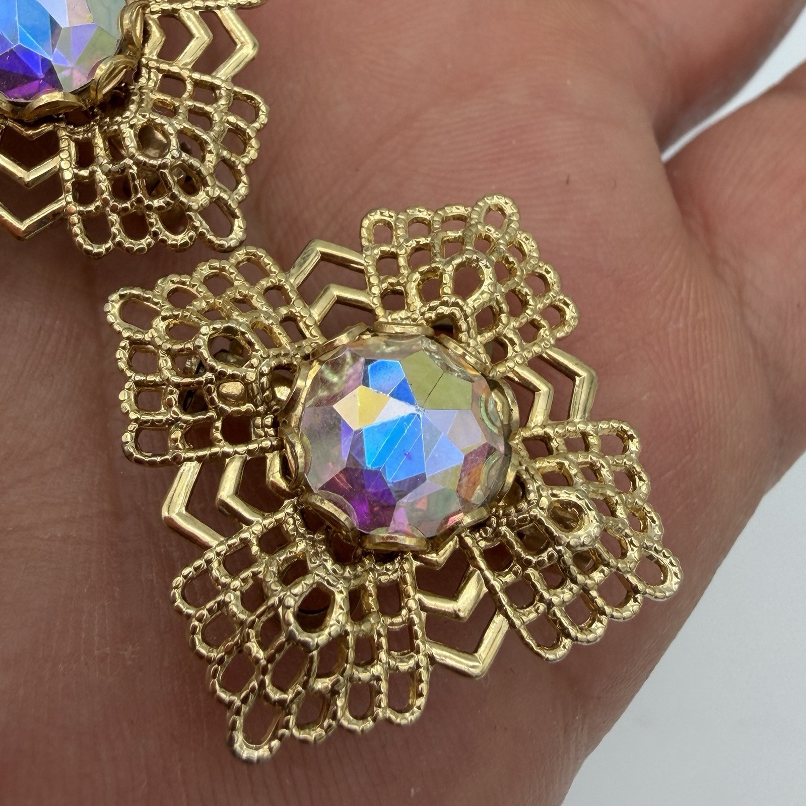 Vintage AB Rhinestone Brooch Pendant Clip On Earring Set Gold Tone Filigree Read