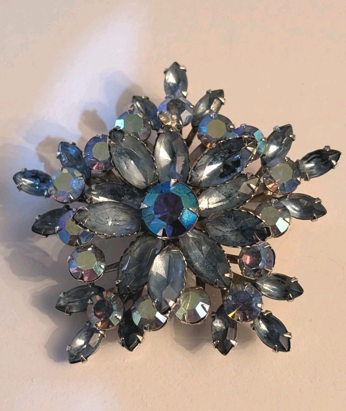Vintage Ice-Blue Rhinestone Snowflake Brooch & Clip Earrings Set, AB, 1960s
