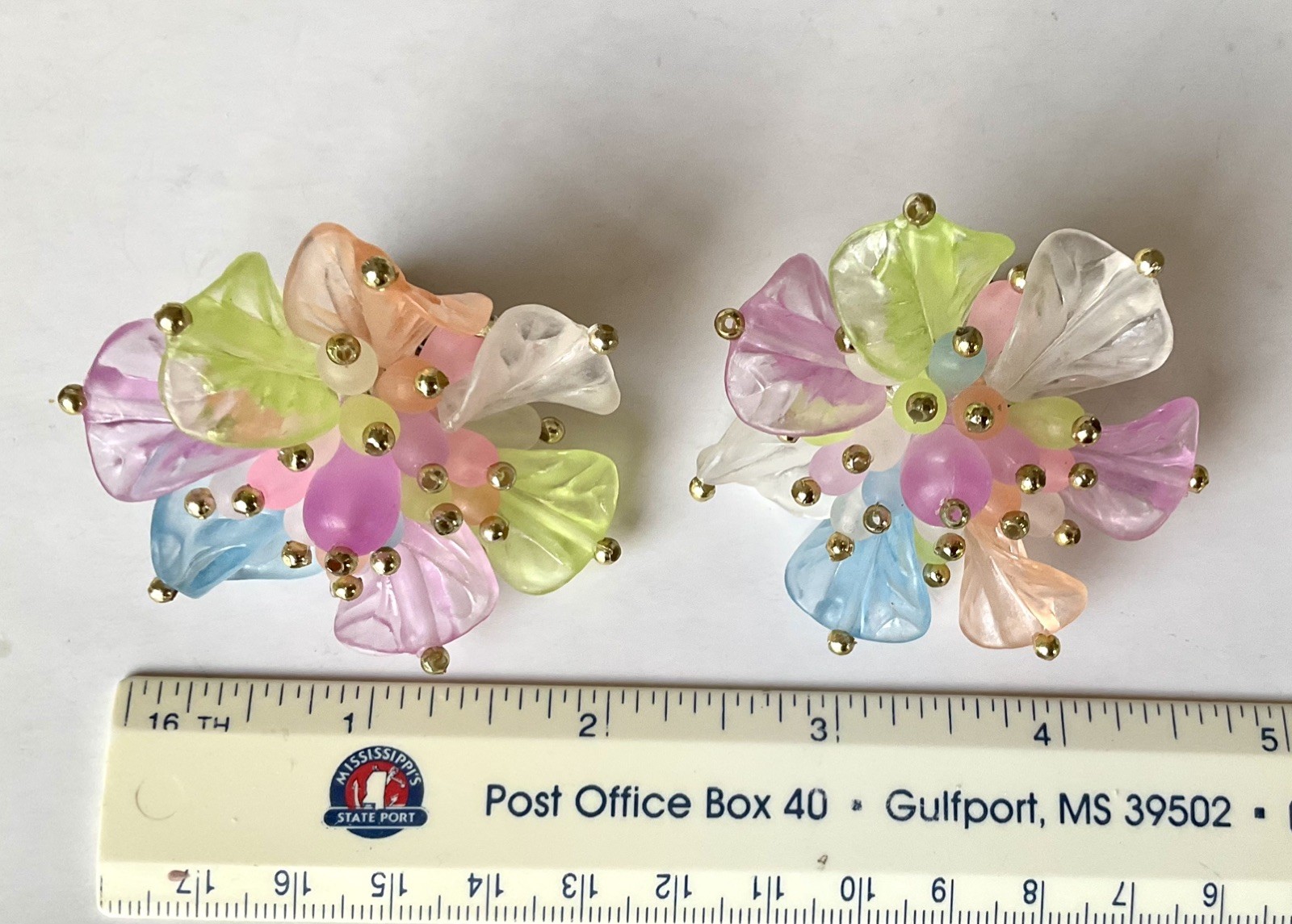 Vintage LUCITE ACETATE Large FLOWER EARRINGS PASTEL MULTI COLORS GOLD/T BEADS