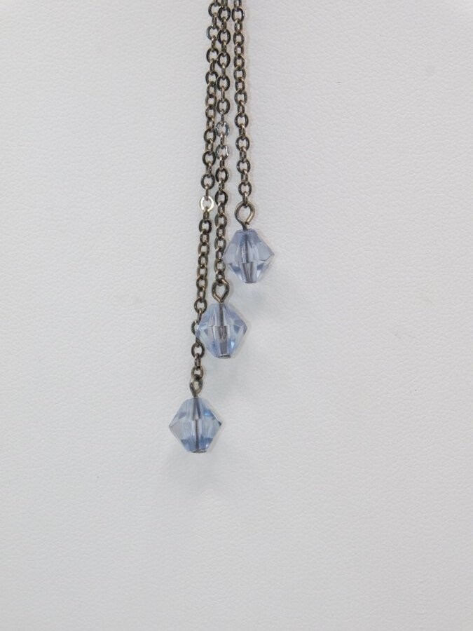 B425-VINTAGE NECKLACE~BLACK CHAINS/FAUX PEARLS/PINK/LAVENDER BEADS~16″-17.5″
