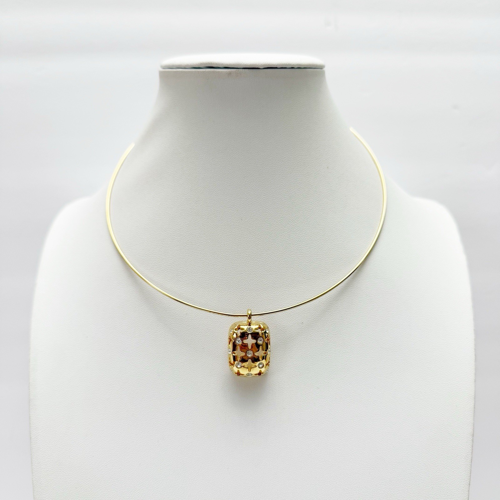 Vintage Swarovski Clear Crystal Star Cross Pendant Wire Choker Goldtone Necklace