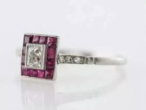 Art Deco Style Princess Cut Lab Created Diamond & Ruby Wedding 14k White Gold FN