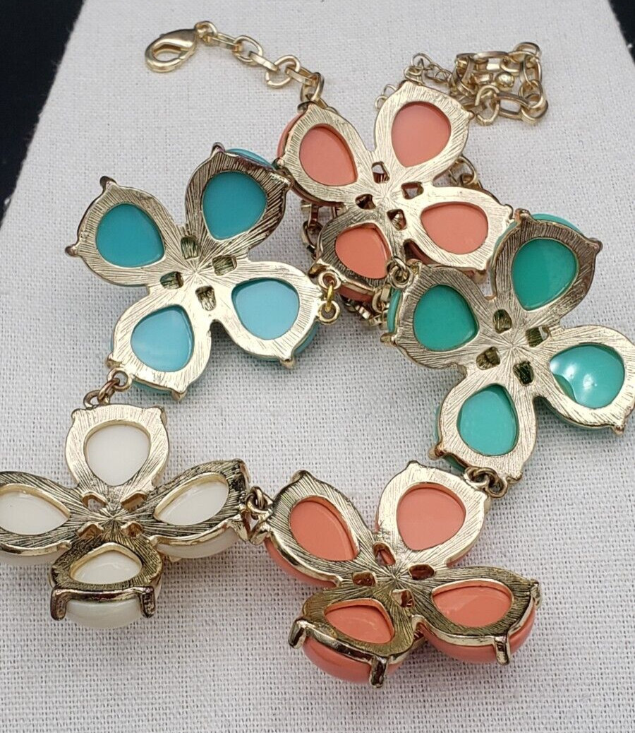 Vintage Set Flower Multicolor Gold Tone Necklace 19 + 3 in & Bracelet 7.5 in