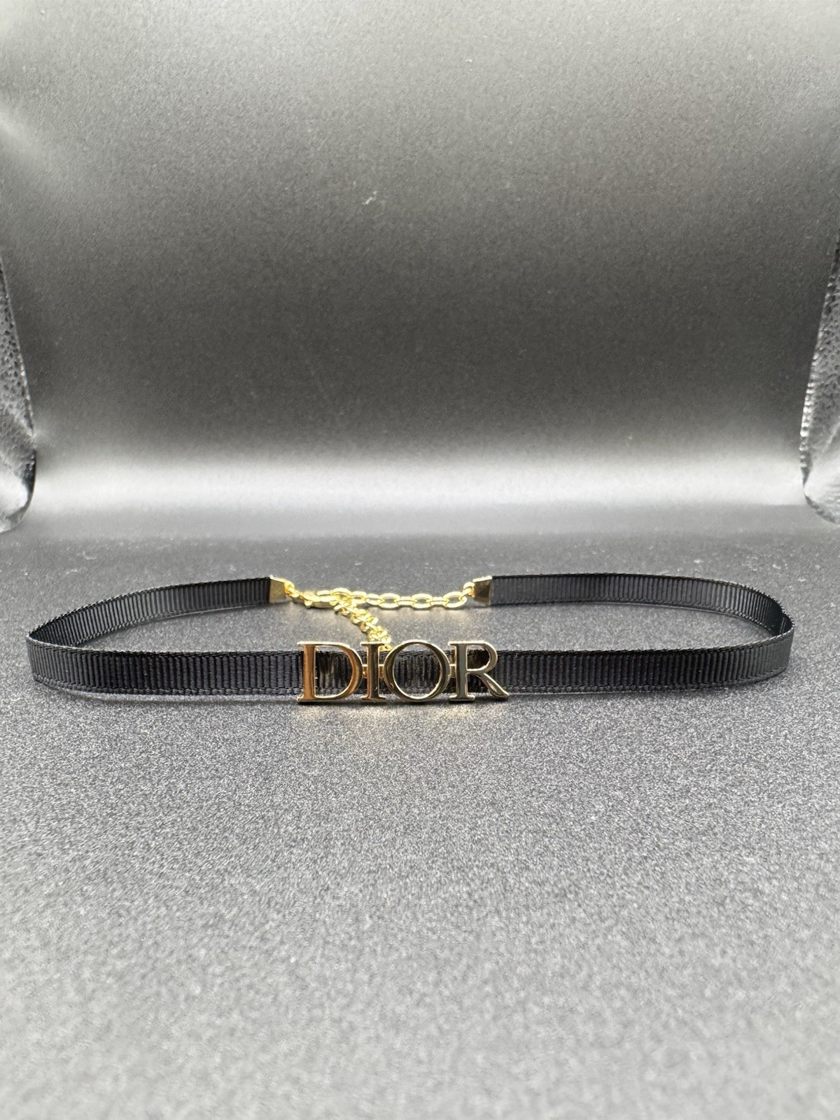 Vintage Christian Dior Black Ribbon Logo Choker Necklace Gold Tone