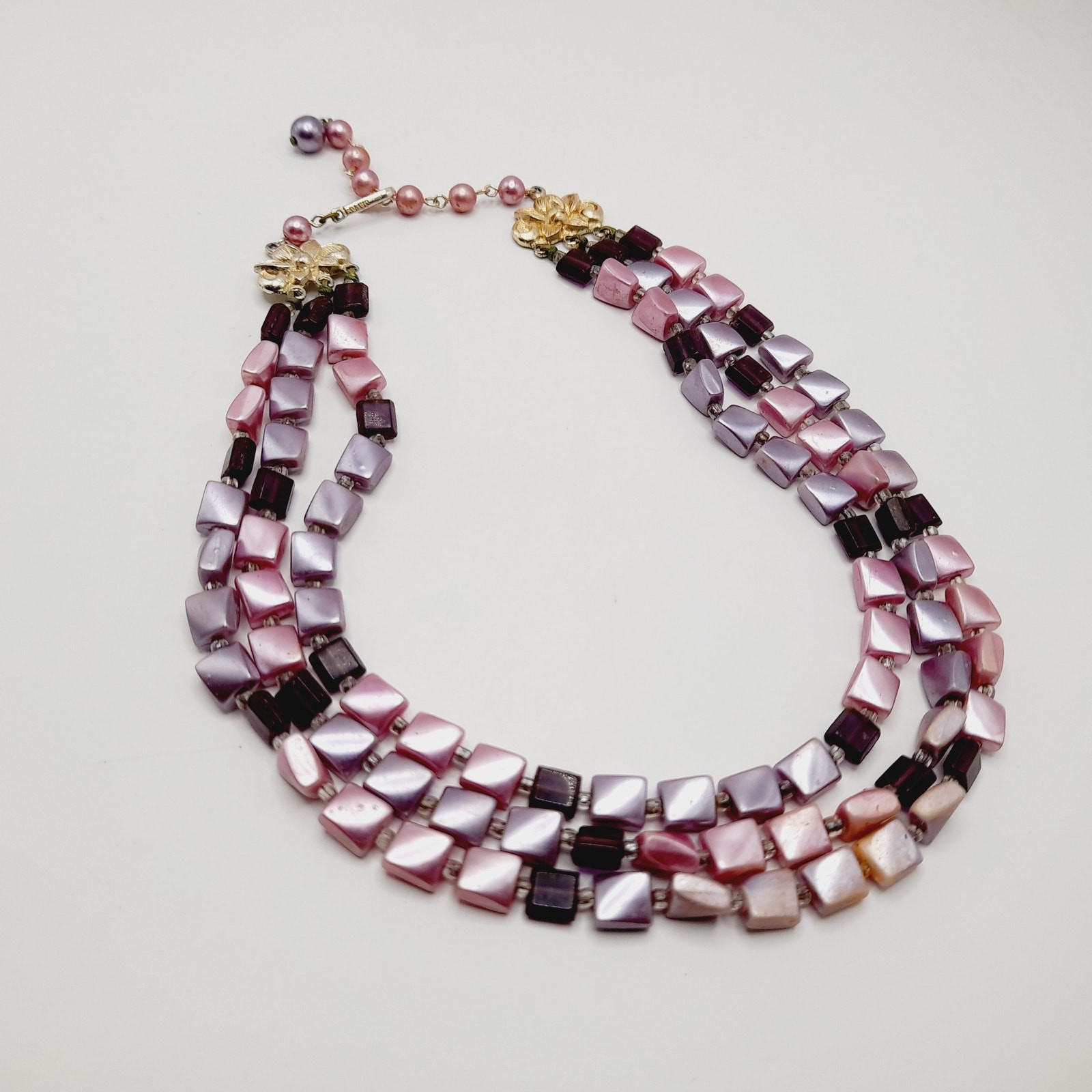 Vintage Japan 1950s Pink Lavender Pearl Finish 3 Strand Necklace 17”