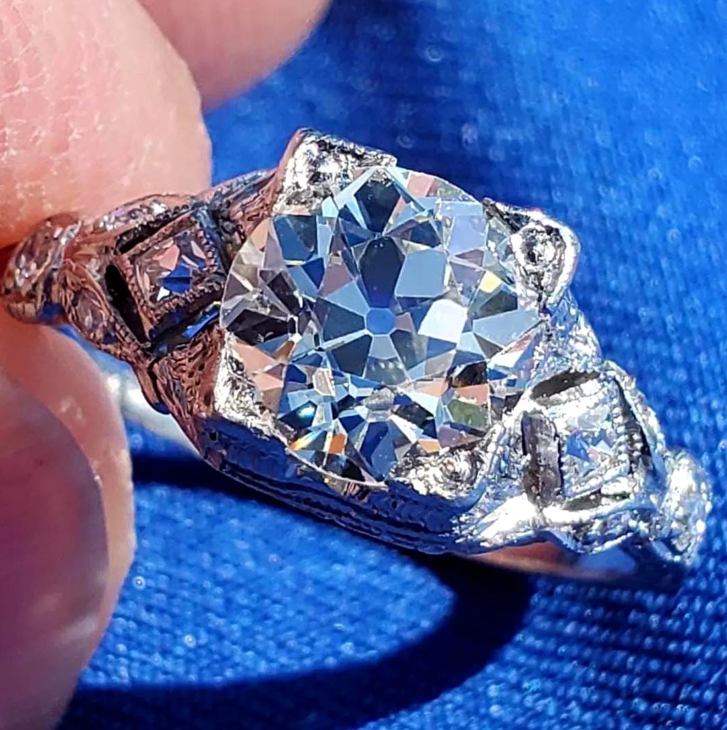 Original EARTH MINED DIAMOND Deco Engagement Ring 1.5 Antique Platinum Solitaire
