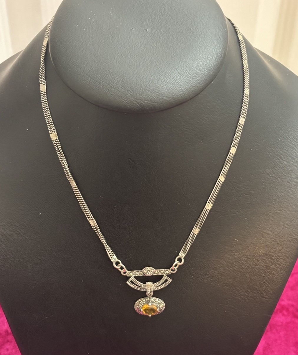 Sterling Silver Marcasite and Yellow Stone Pendant Necklace 7.5” in.