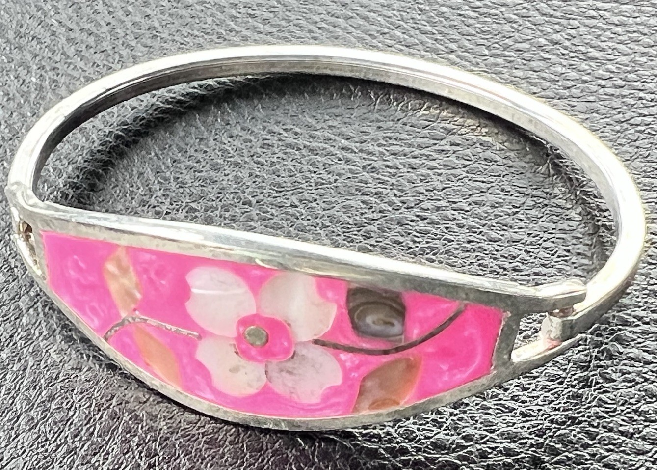 Vintage Silver Cuff Bracelet Alpaca Mexico Pink Floral Hinged Inlay