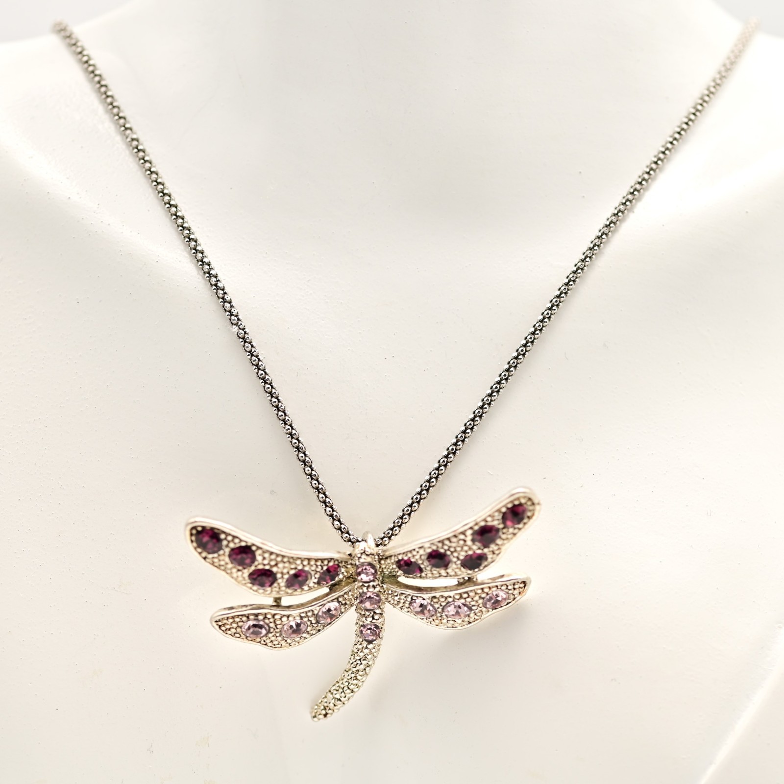 Vintage Original Sterling Silver Pink Gemstone Dragonfly Pendant Estate Necklace