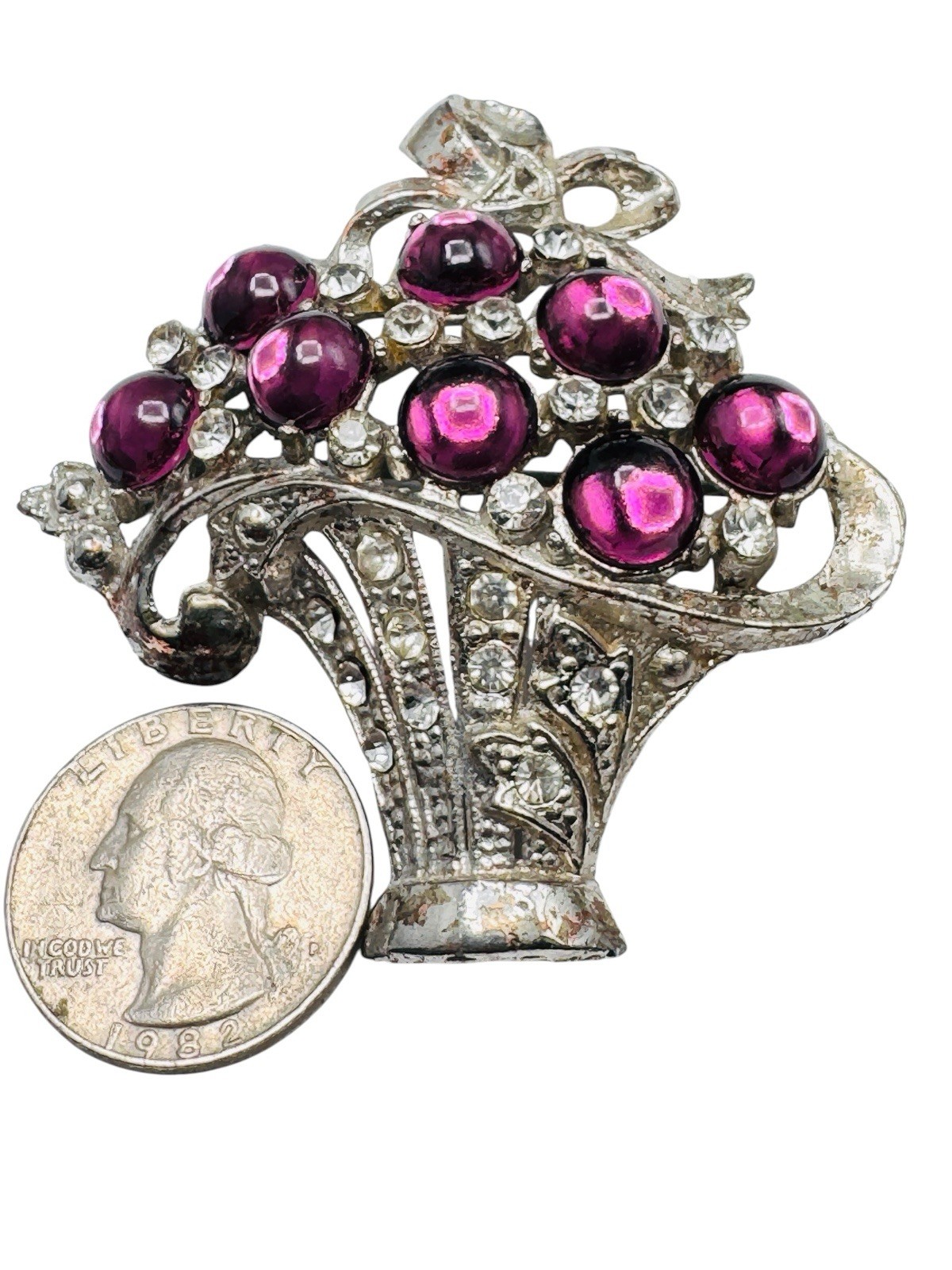 Vintage Coro? Purple Glass Cabochon Rhinestone Flower Basket Brooch c1940s