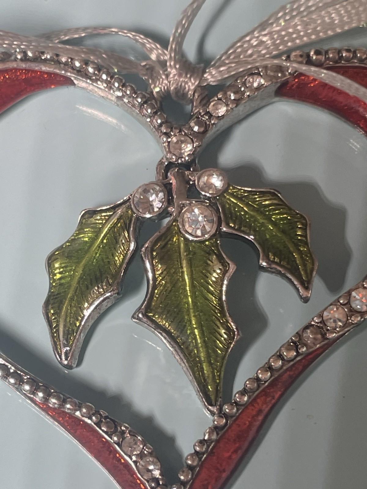 LC Signed Christmas Heart Ornament Brooch Red Enamel Holly Rhinestone Holiday Pi