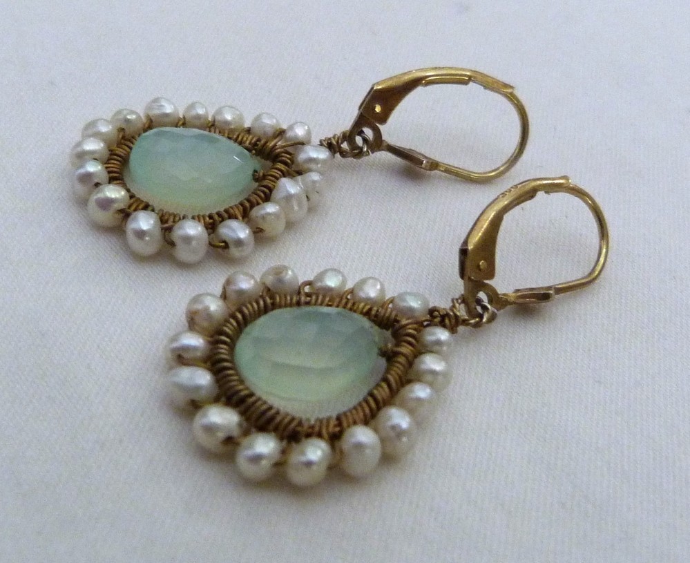 GOLD OVER STERLING SILVER BRIOLETTE AQUA CHALCEDONY FRESHWATER PEARL EARRINGS