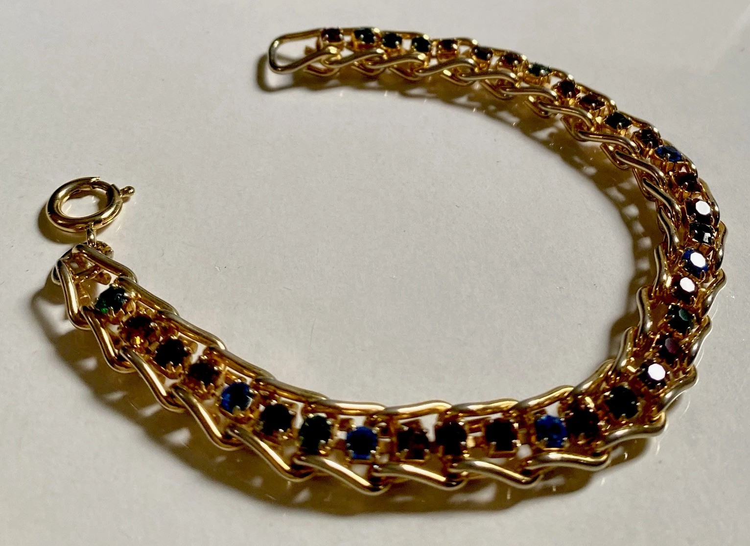 Vintage Triple Chain Prong Set Glass Gems Bracelet, Flat Bracelet Layered Set