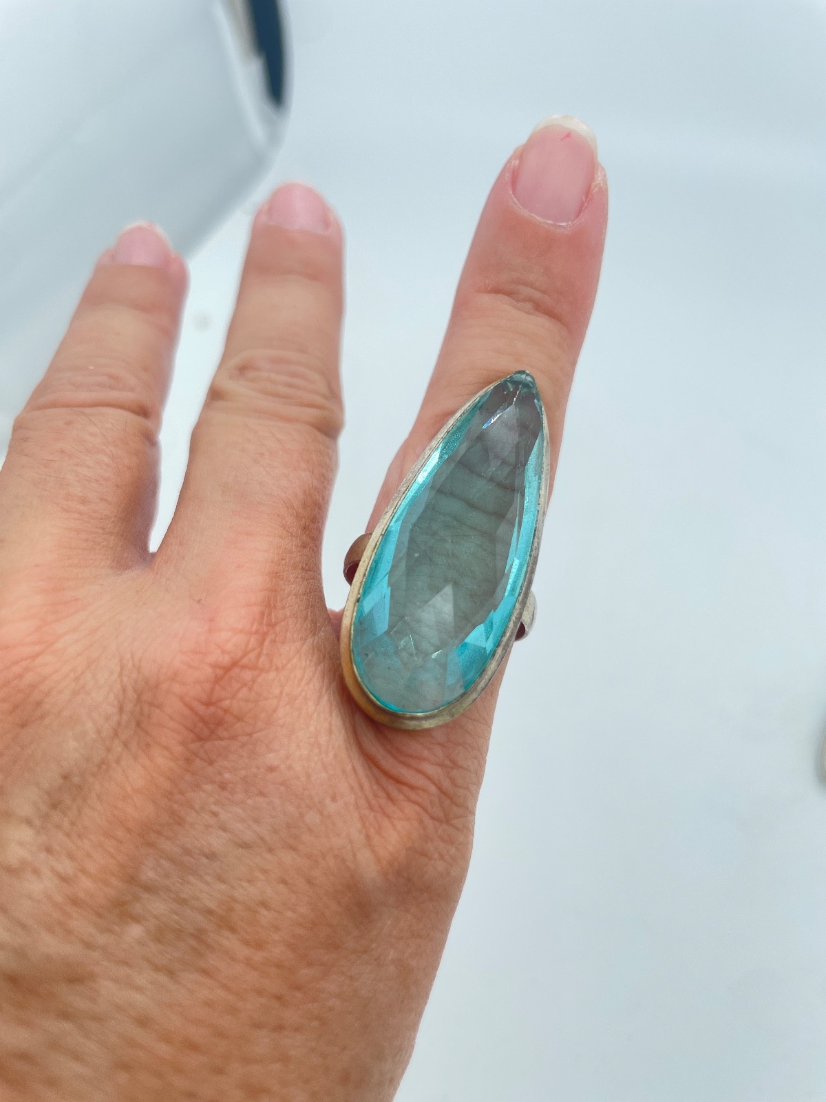 Elongated Aqua Glass Teardrop Ring 925 Sterling Silver Rose Cut Statement 8.75