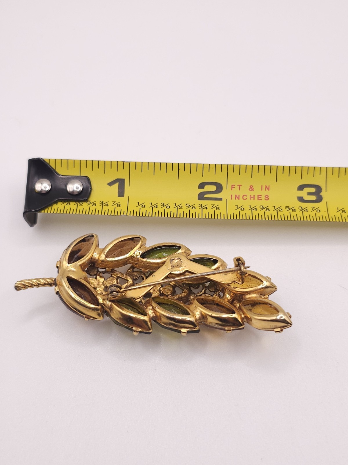 VTG Green Yellow Rhinestone Leaf Spray Brooch Gold-Tone