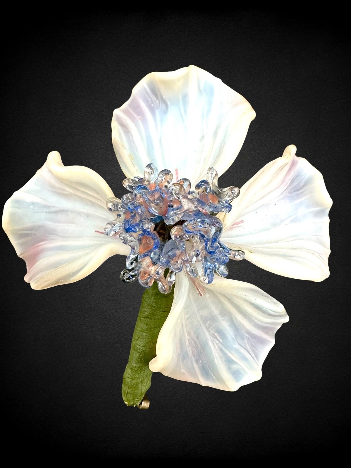 Large French Studio Art Glass Orchid Flower Brooch Opalescent Petals Lampwork