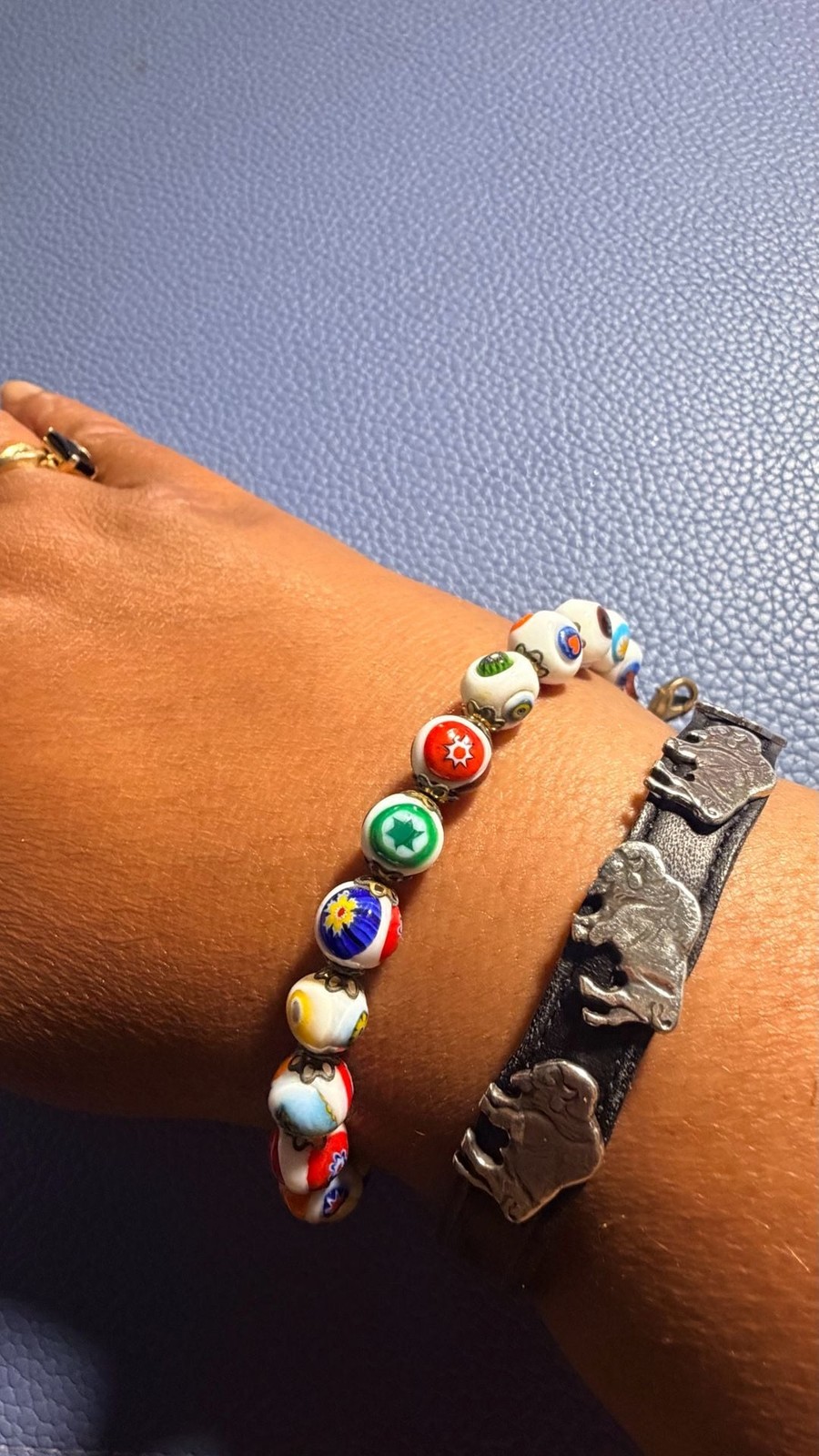 Vintage Murano Millefiori Mosaic Glass Bead Bracelet with Gold Tone Clasp