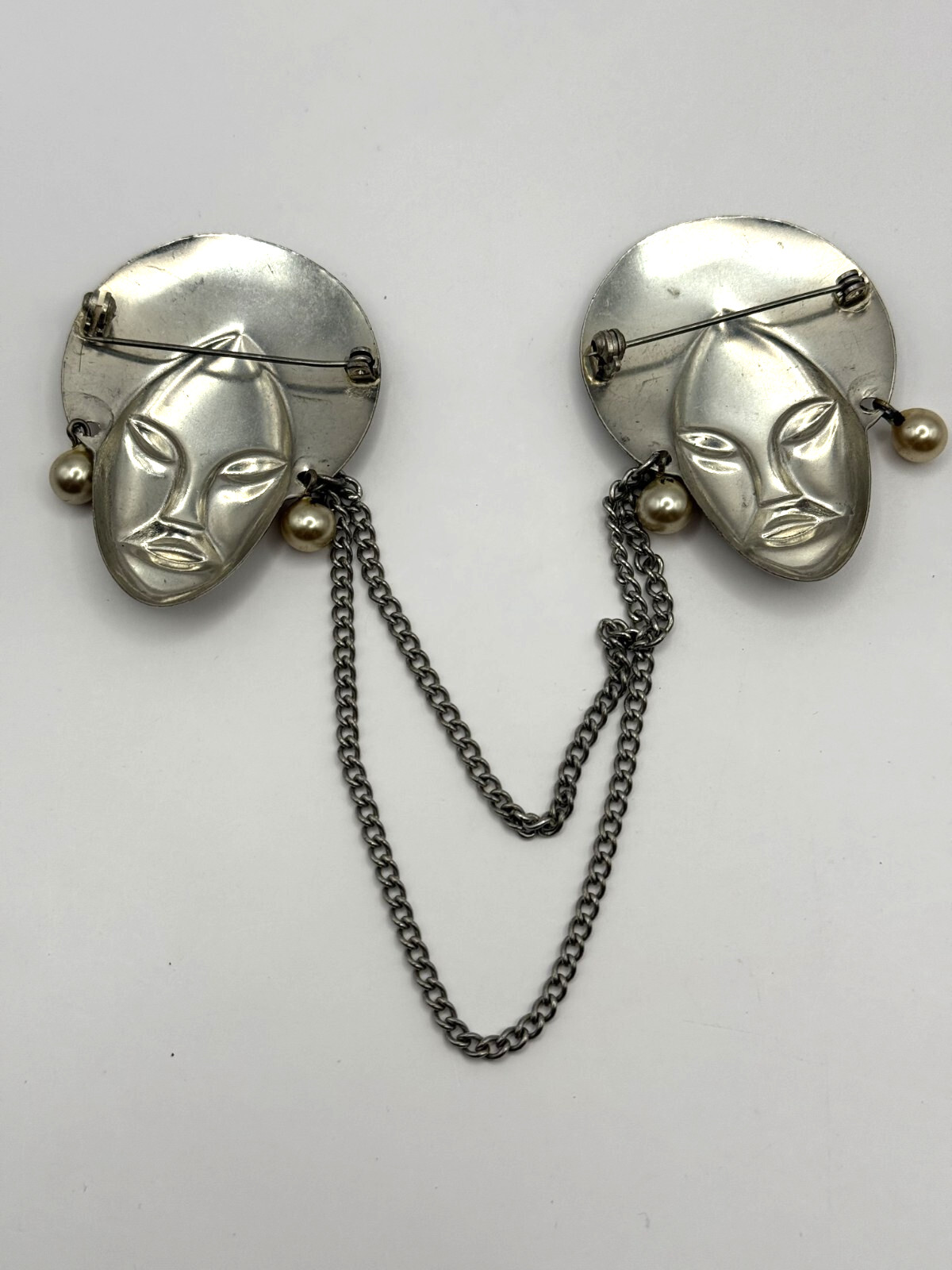 Silver Tone African Sweater Double Pin – Faux Pearl Accents – Retro Jewelry