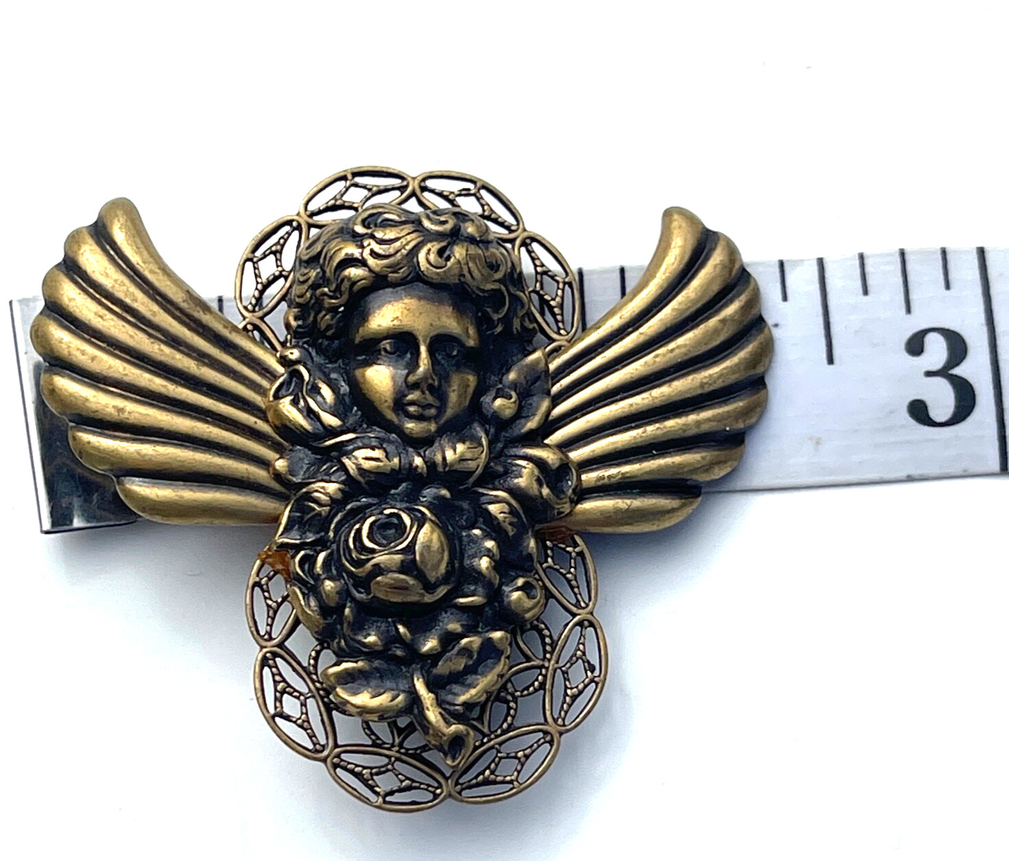 VTG Christmas Angel Brooch Rose Filigree Wings Cabochon Antique Gold Tone Pin