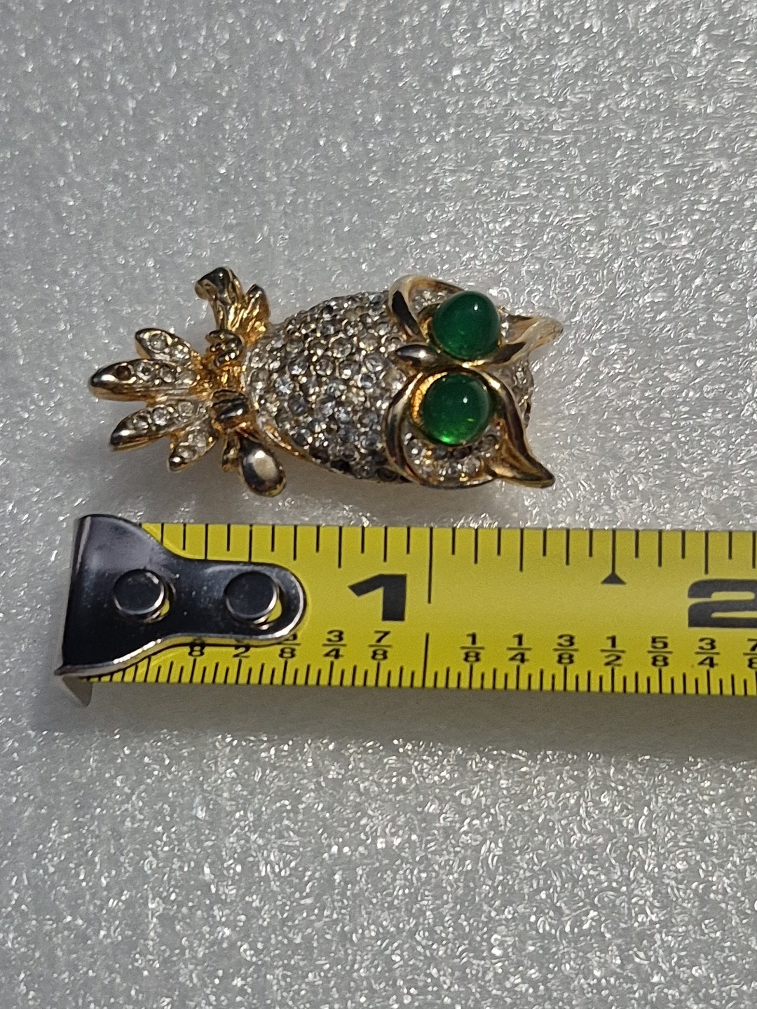 Vtg Owl Green Cabochon & Clear Rhinestone Goldtone Brooch/Pin-2 Stones Missing