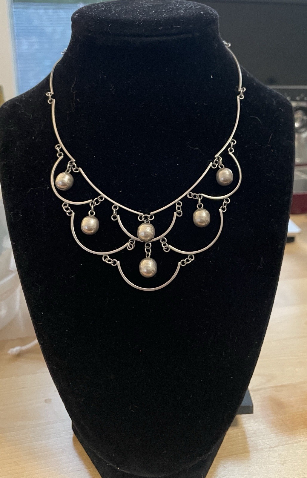 Taxco 925 Sterling Silver Mid Century Tiered & Linked Ball Bead Bib Necklace