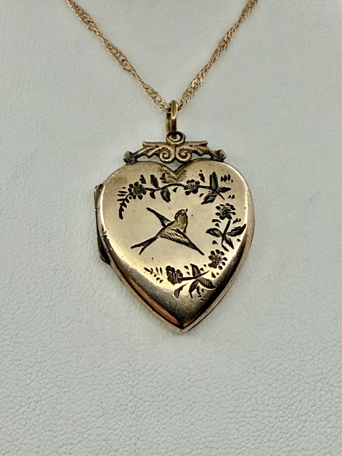 Victorian Aesthetic Movement Bird & Flower Vines Double Sided RG Locket Necklace