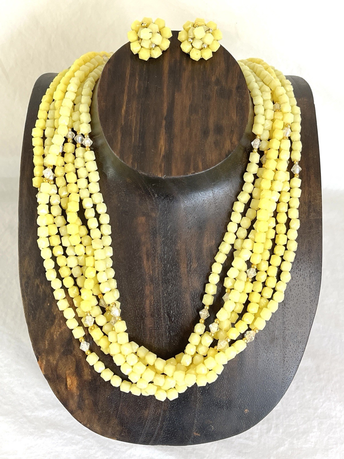 Hong Kong Yellow Beaded Necklace and Clip On Earrings Set Seven Strand Necklace