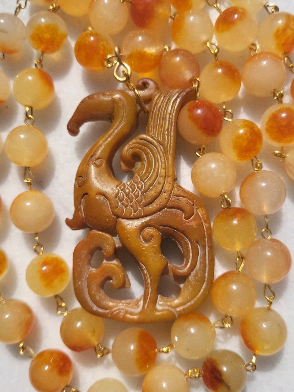 VINTAGE CARVED JADE PHOENIX DRAGON PENDANT JADE GEM BEAD WIRE NECKLACE SET OOAK