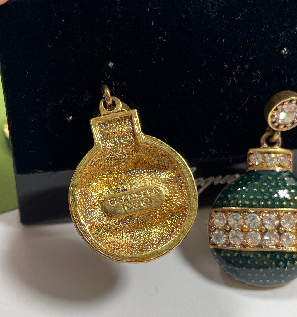 Vintage Signed Eisenberg Ice Green Enamel Christmas Ornament Dangle Earrings
