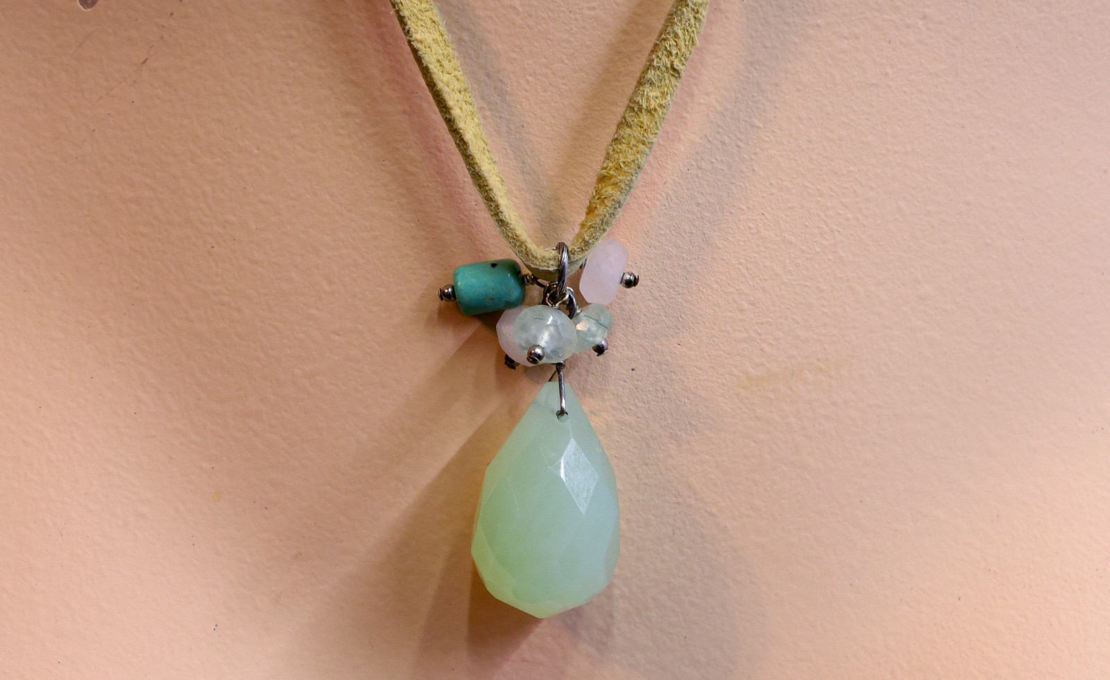 BARSE Sterling Necklace 20″ Suede Green Faceted Pendant Beads .925 Silver VTG