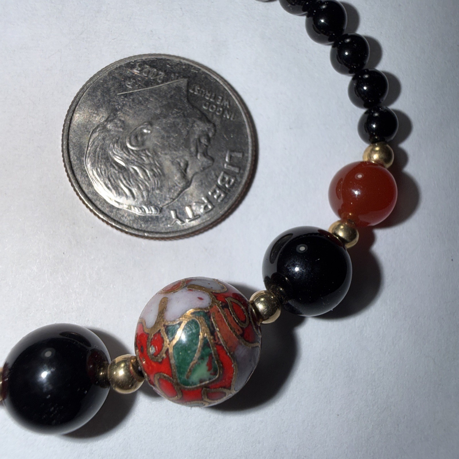 14k Gold Bracelet Black Coral Cloisonne Vintage Unused 6.75” Biggest Bead 10mm