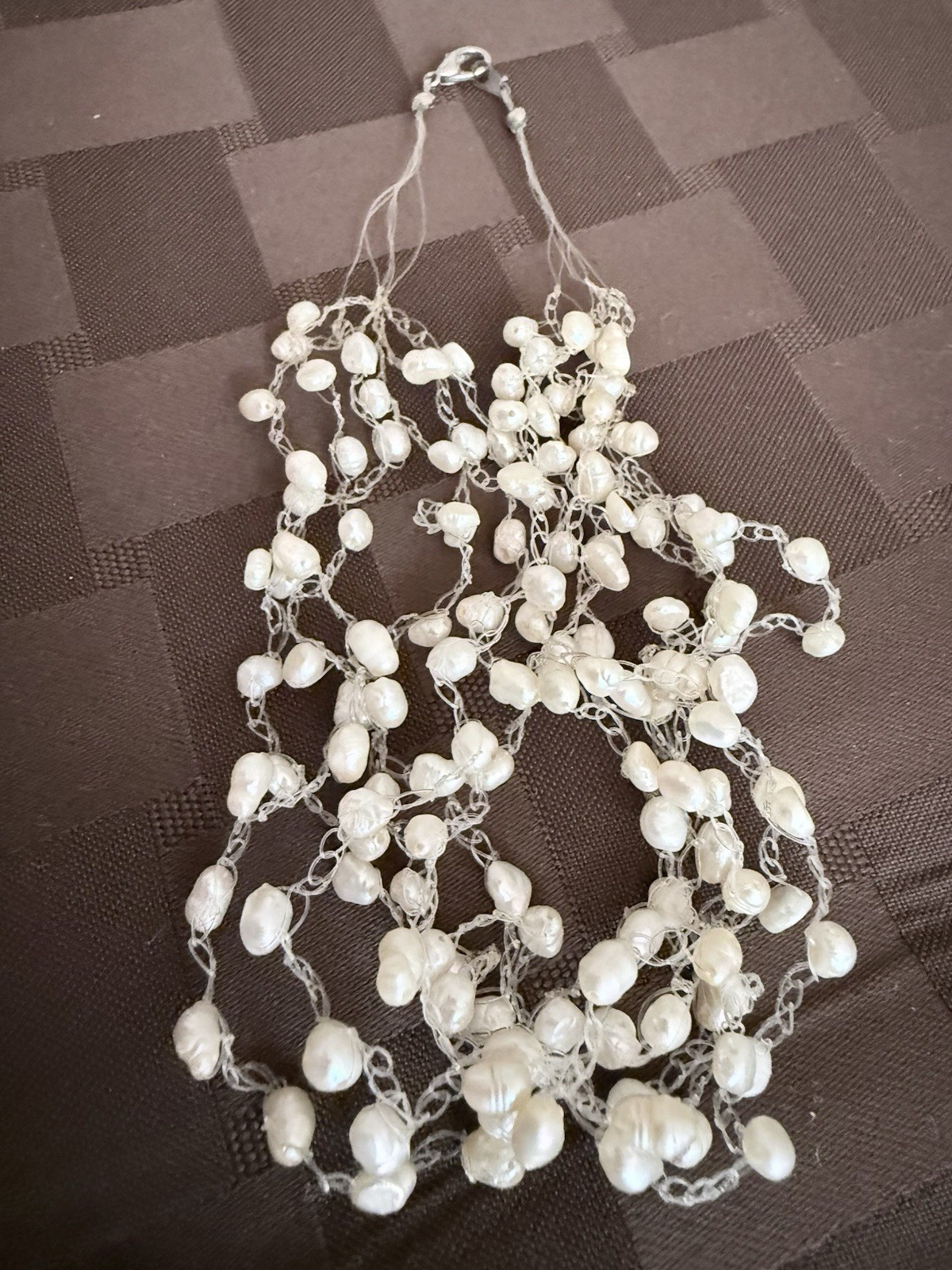 Vintage multi-strand floating pearl illusion necklace with freshwater pearls.
