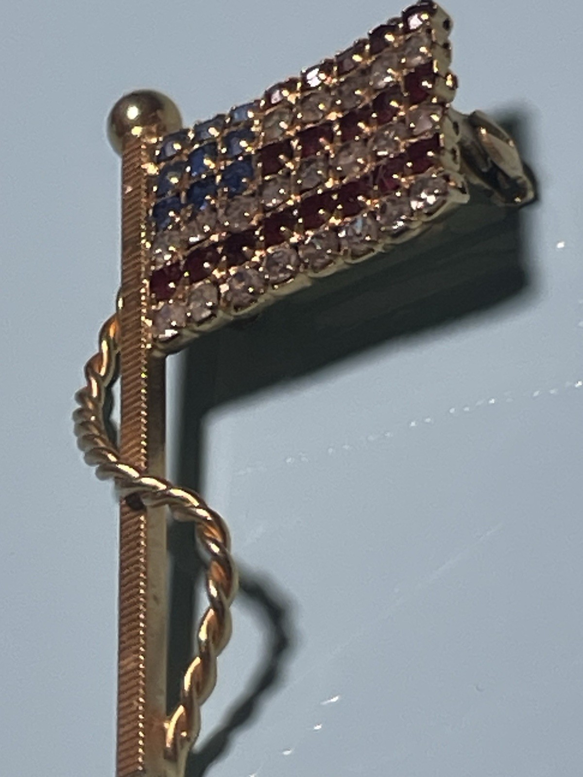 Vintage Rhinestone American Flag Brooch Red White Blue Patriotic Gold Tone Pin