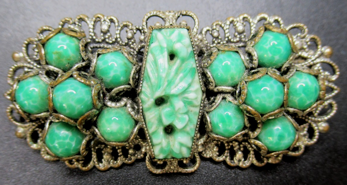 Art Deco CZECH Speckled Green Glass Beaded Antique Pin Brooch