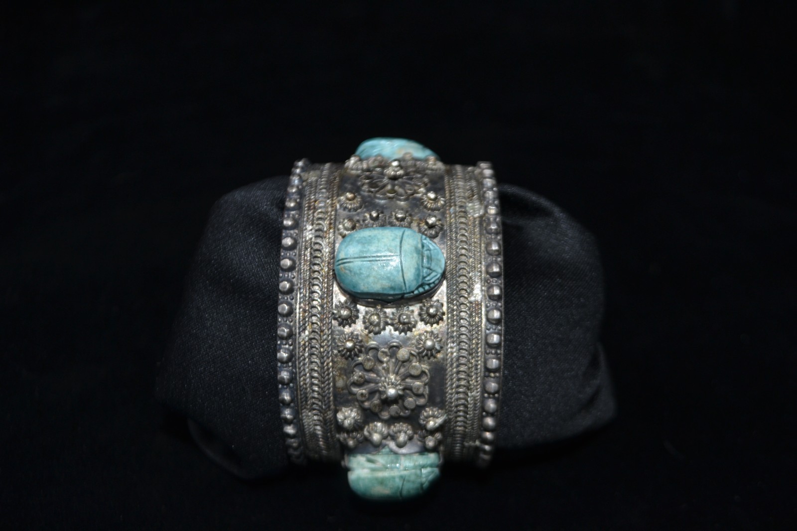 Vintage Revival Scarab Cuff Bracelet Sterling Silver With 3 Turquoise Stones