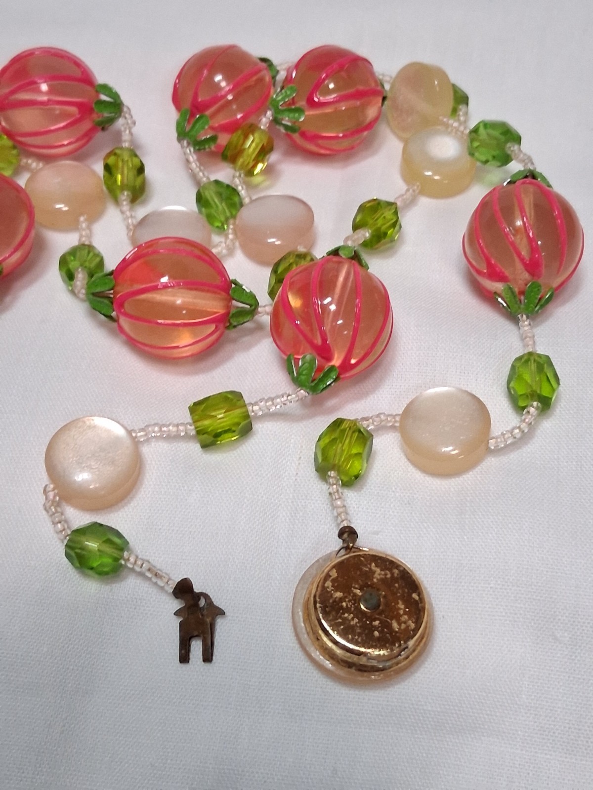 VTG Fruit Japan Necklace Pink Lucite/Acrylic beads And Green MELON BALLS