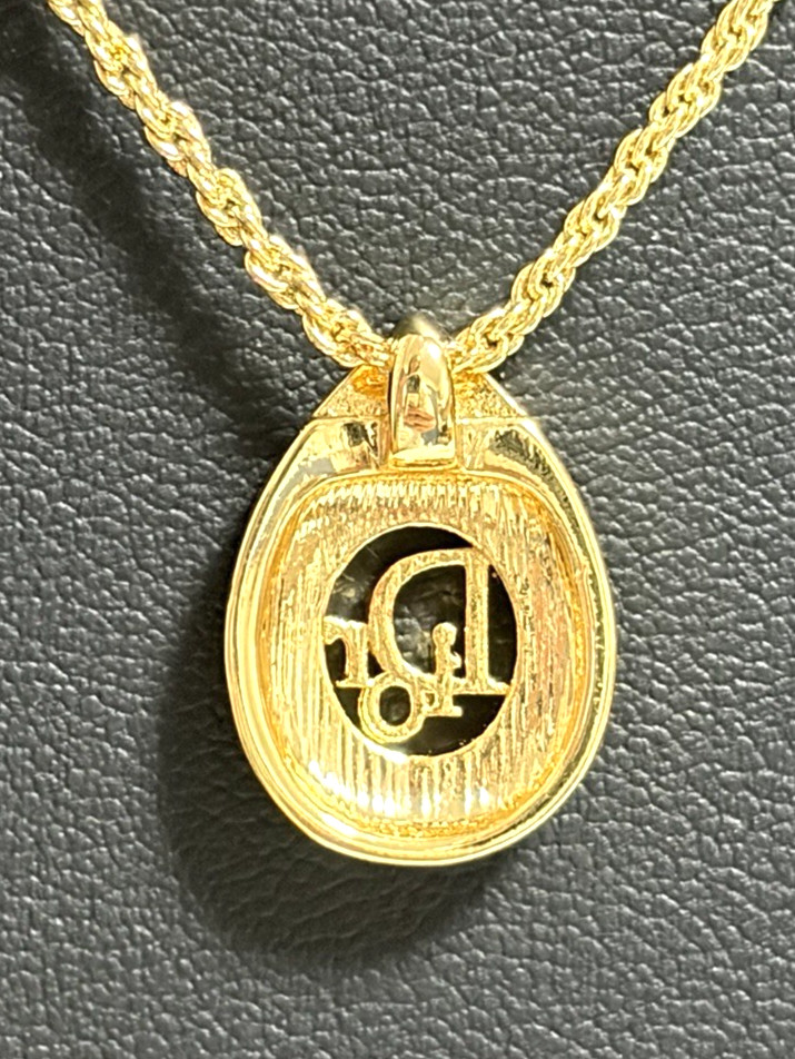 Christian Dior necklace pendant with CD logo rhinestones gold plated teardrop