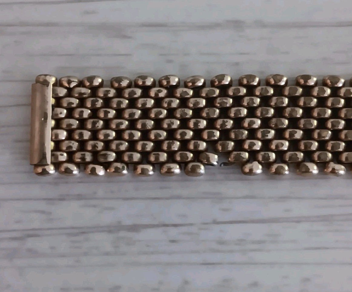 Antique *Damaged* Brass Mesh Link Bracelet Rectangle Clasp People Scene 7″