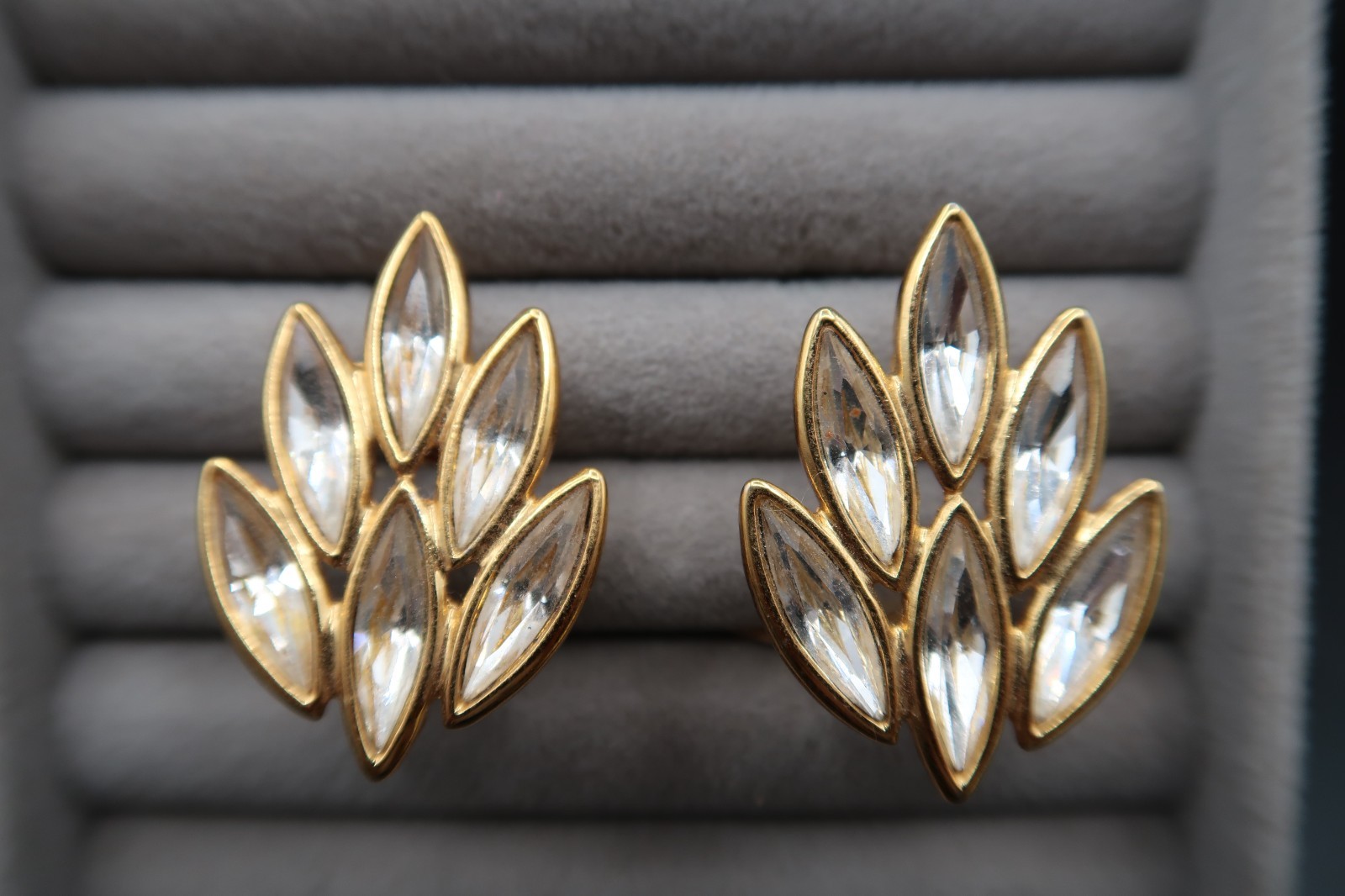Vtg Yves Saint Laurent Spiked Leaf Design Crystal Earrings Signed Beautiful