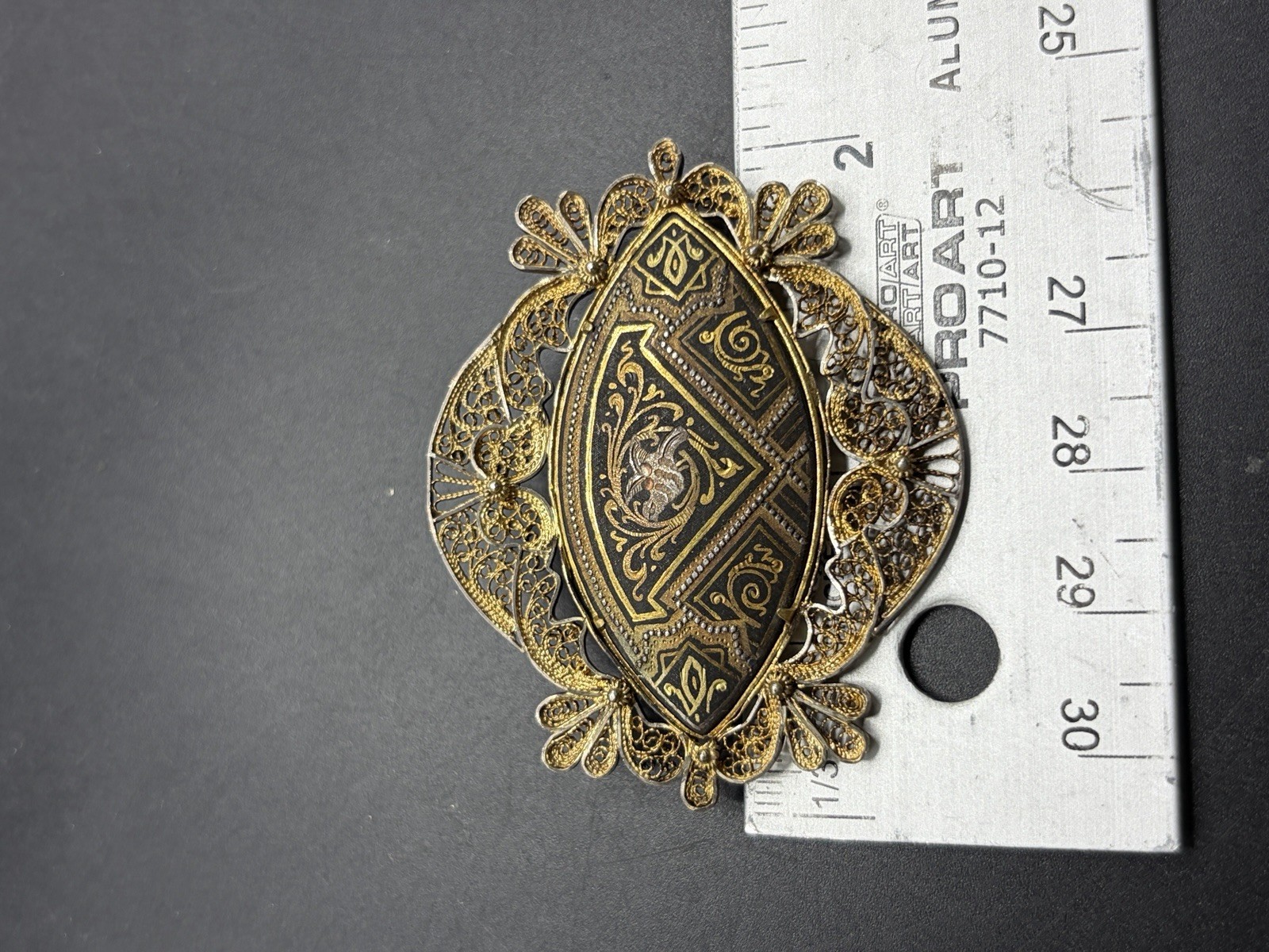 Damascene Brooch Black Gold Tone Vintage Trombone Clasp Filigree Bird Floral 2”L