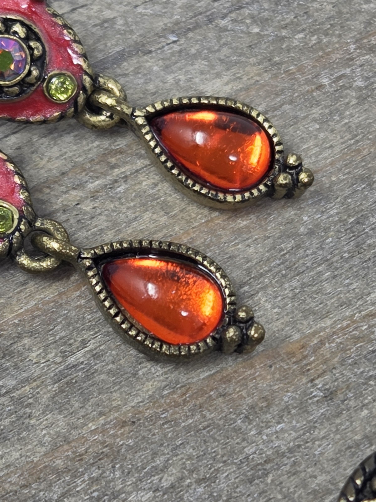 Orange Pink Yellow Y-Drop Necklace & Earring Set Rhinestones Enamel Bronze Tone