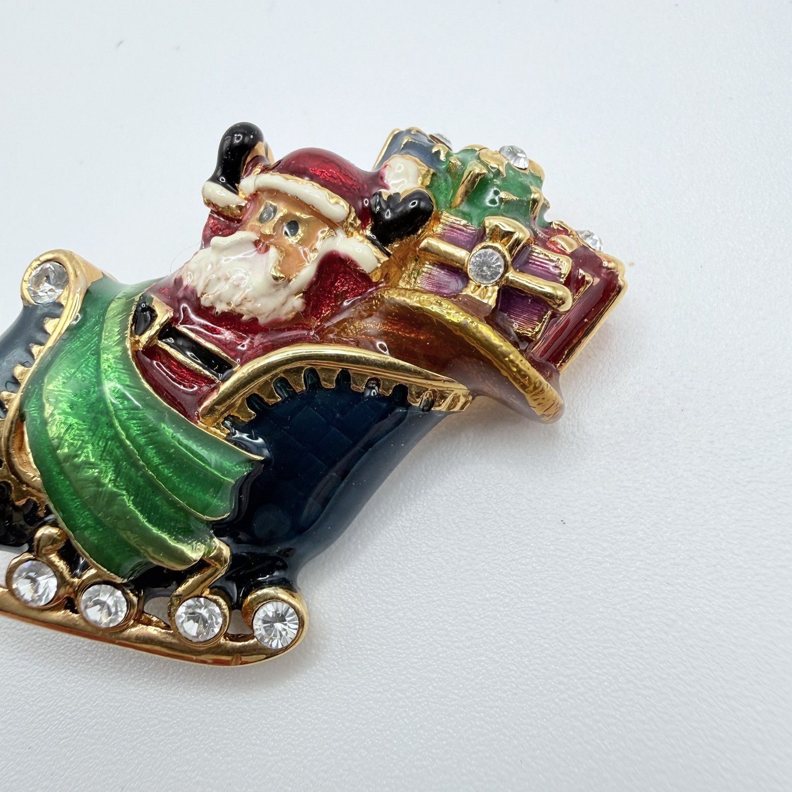 Christopher Radko Signed Enamel Christmas Santa Sleigh Rhinestones Brooch