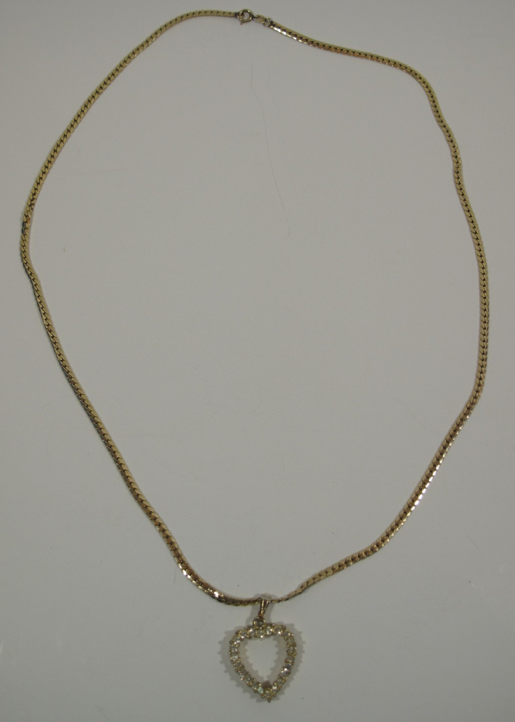 14 K GF Heart Shaped Rhinestone~Pearl Necklace~23″ Herring Bone Chain 8 grams