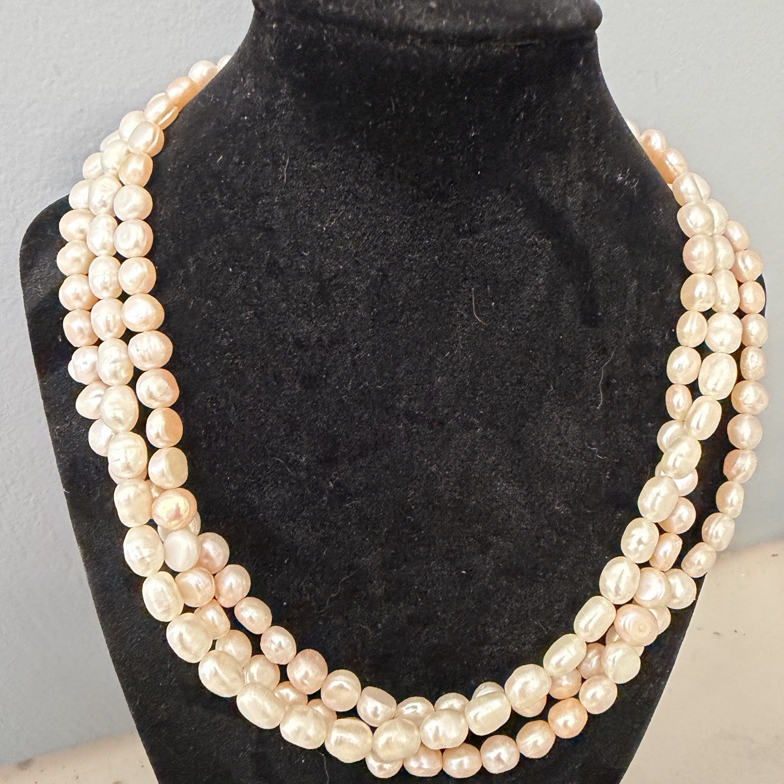 Triple Strand 6mm Freshwater Pearl Necklace Sterling Clasp 16 Inch